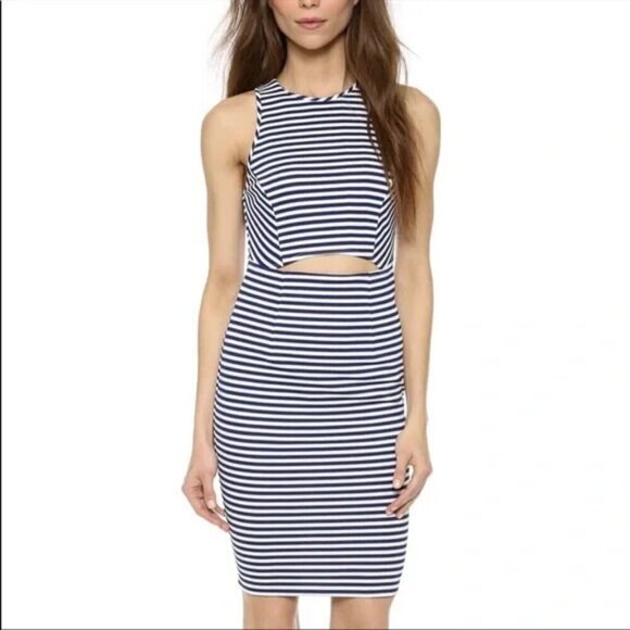 TORN BY RONNY KOBO YONAL DRESS nautical stripe cutout bodycon blue white L - Picture 2 of 9